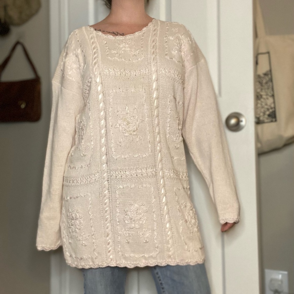 Stunning Vintage 90s Dolly Coquette Baby Pink Floral Embroidered Ribbon Sweater